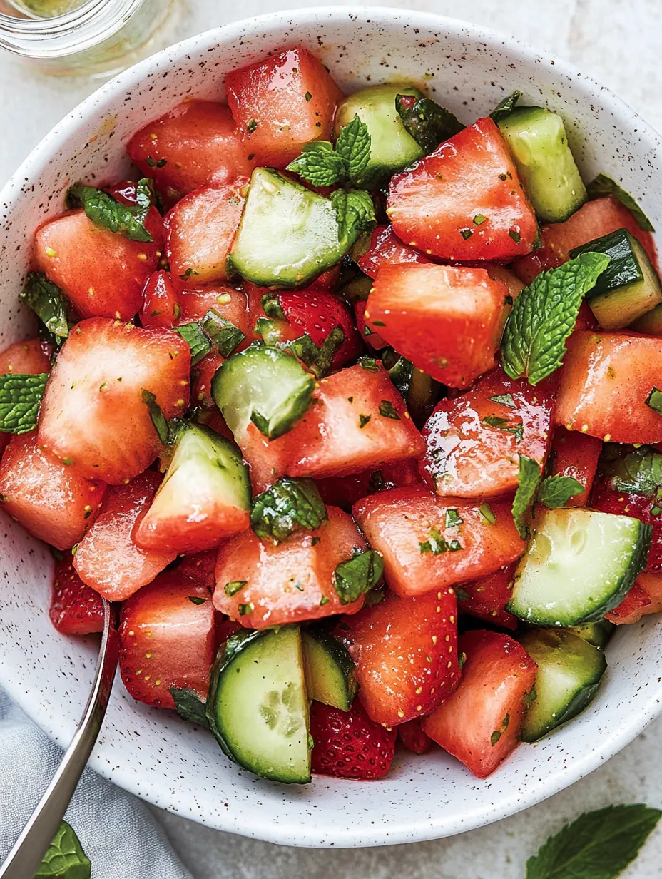 Un bol avec fraises, concombre et menthe.