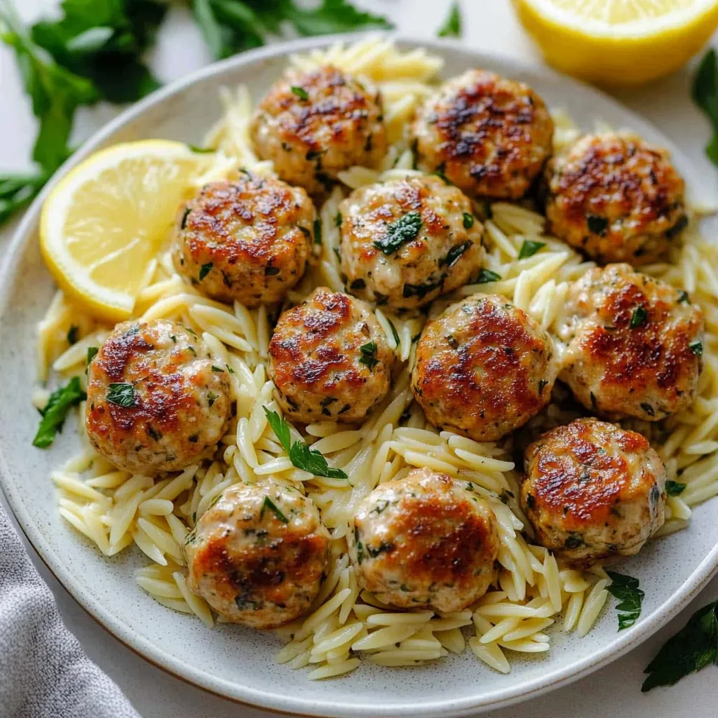 Une assiette garnie de boulettes et de pâtes orzo.