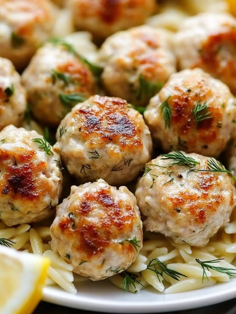 Une assiette de boulettes de poulet garnies d’herbes fraîches.