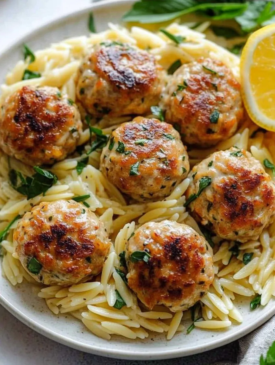 Une assiette de pâtes orzo, boulettes et légumes colorés.