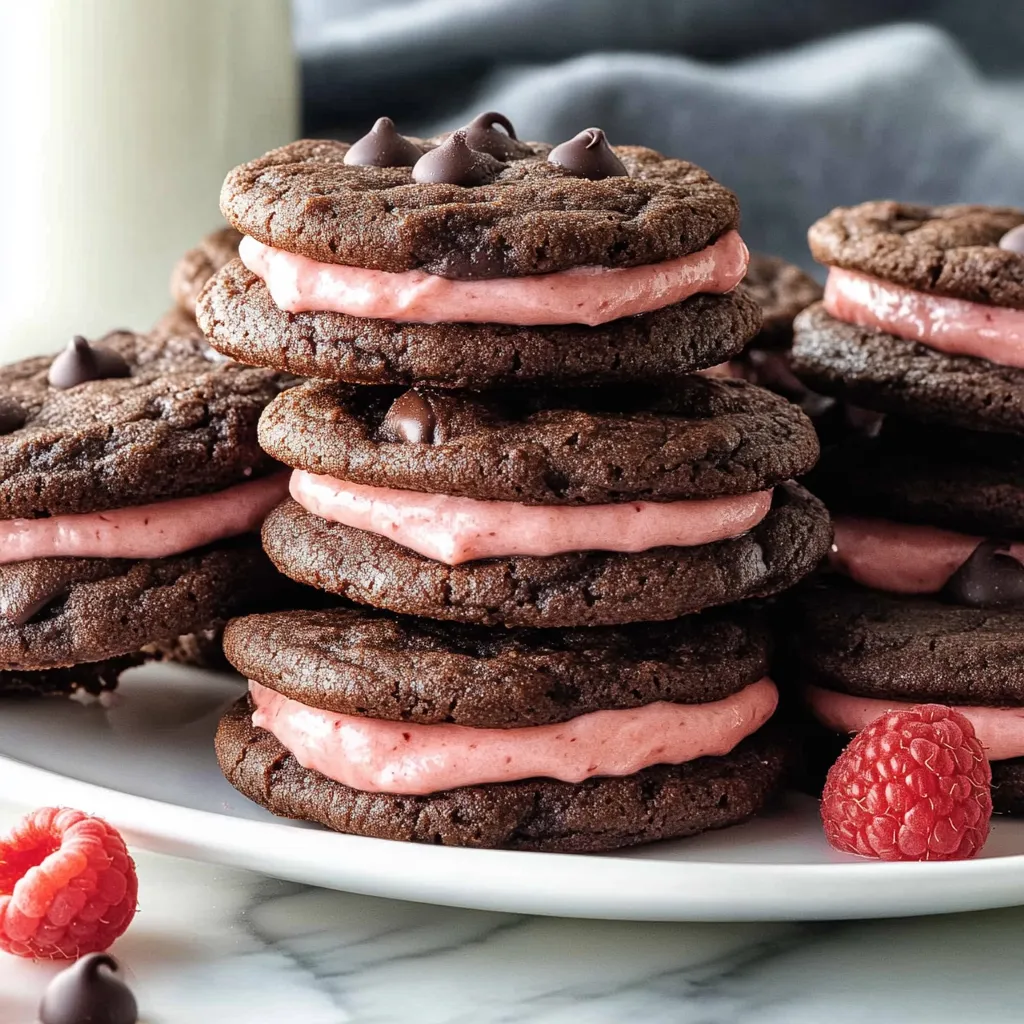 Une pile de biscuits au chocolat avec un glaçage rose au milieu.
