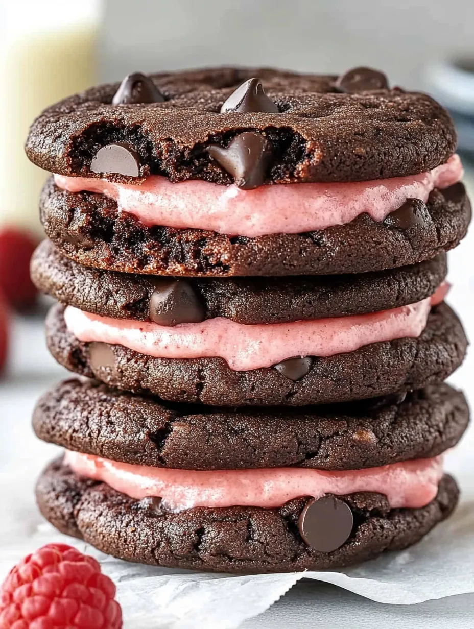 Une pile de cookies au chocolat avec glaçage rose.