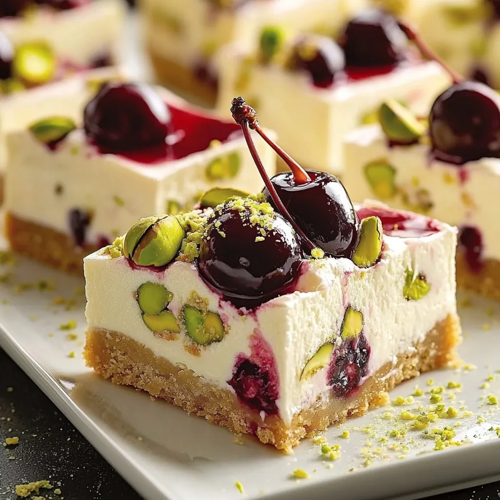 Une part de cheesecake nappée de cerises et pistaches.