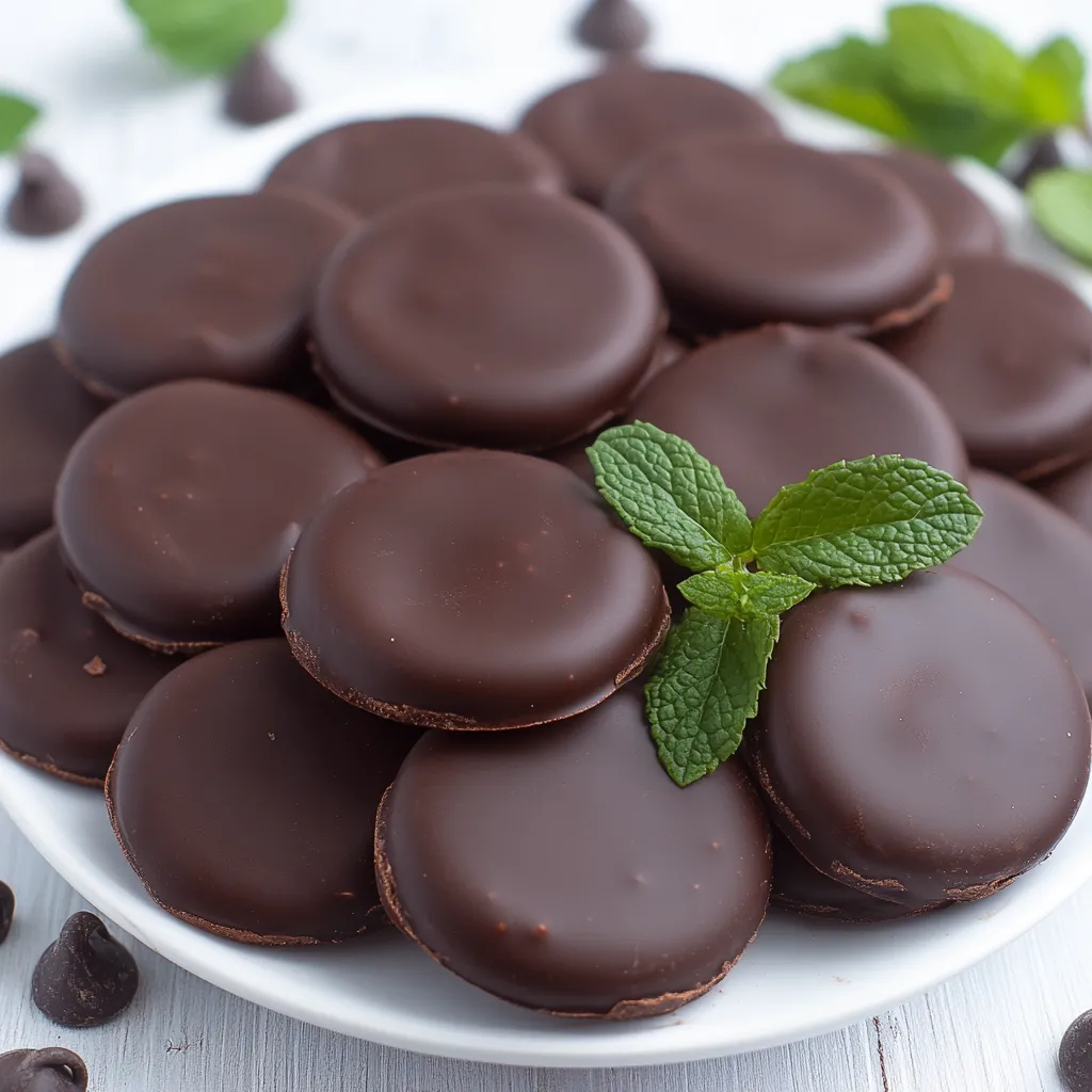 Assiette de biscuits au chocolat décorés de feuilles de menthe.