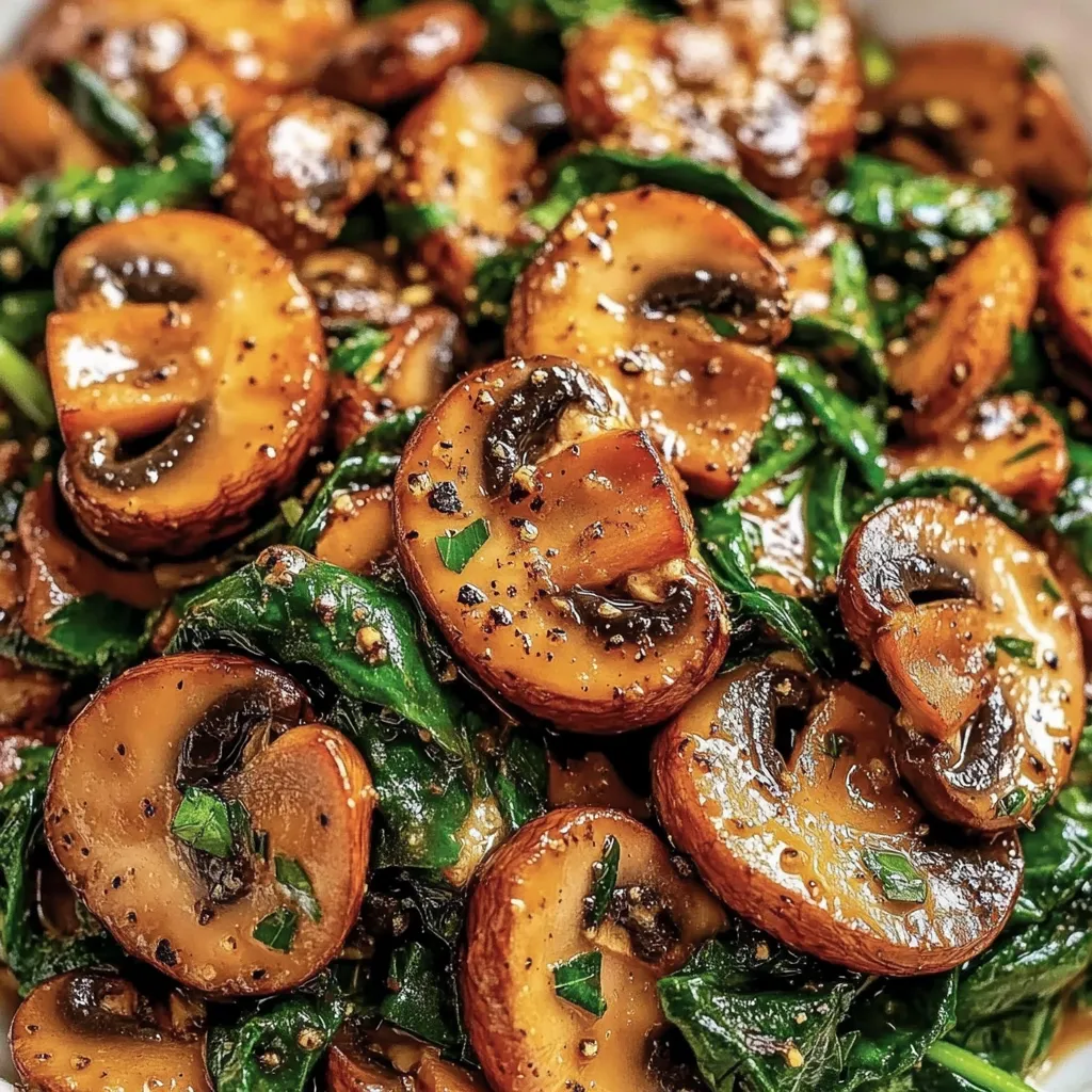 Champignons posés sur des feuilles d’épinards.