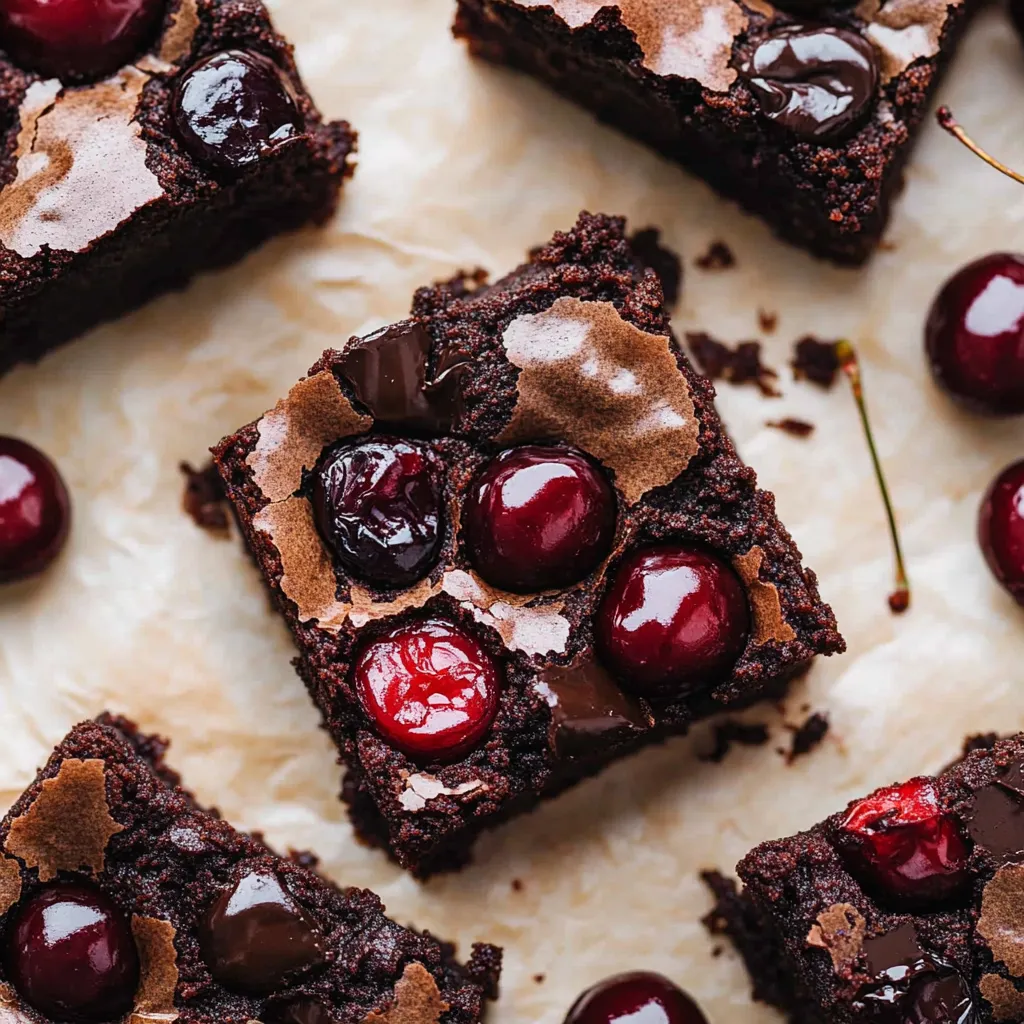 Une part carrée de gâteau chocolat avec quelques cerises par-dessus.