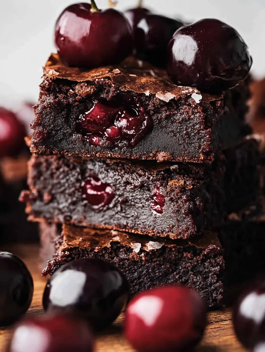 Une pile de gâteau au chocolat avec des cerises sur le dessus.