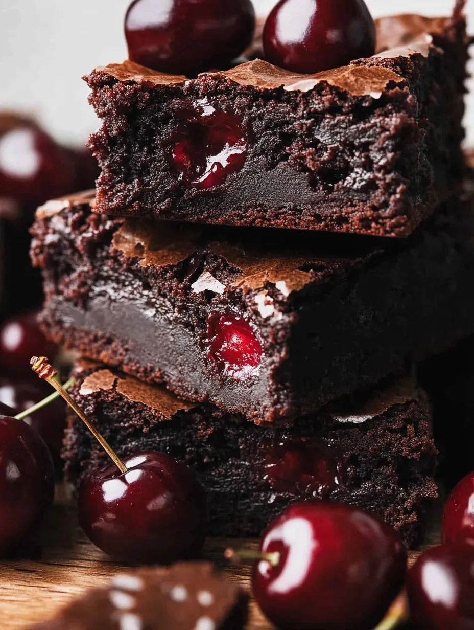 Une pile de gâteau au chocolat avec des cerises sur le dessus.