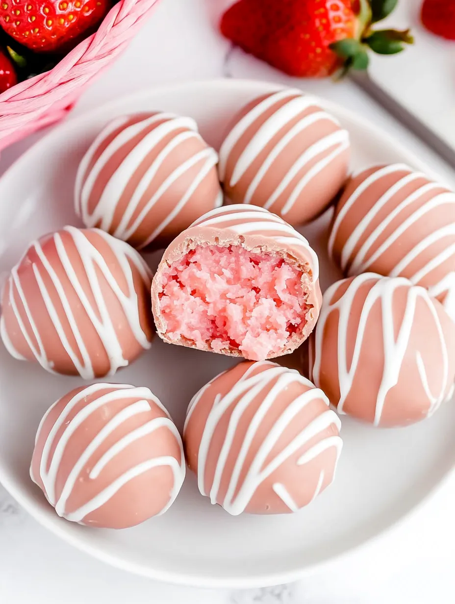 Une assiette de petites boules roses et blanches.