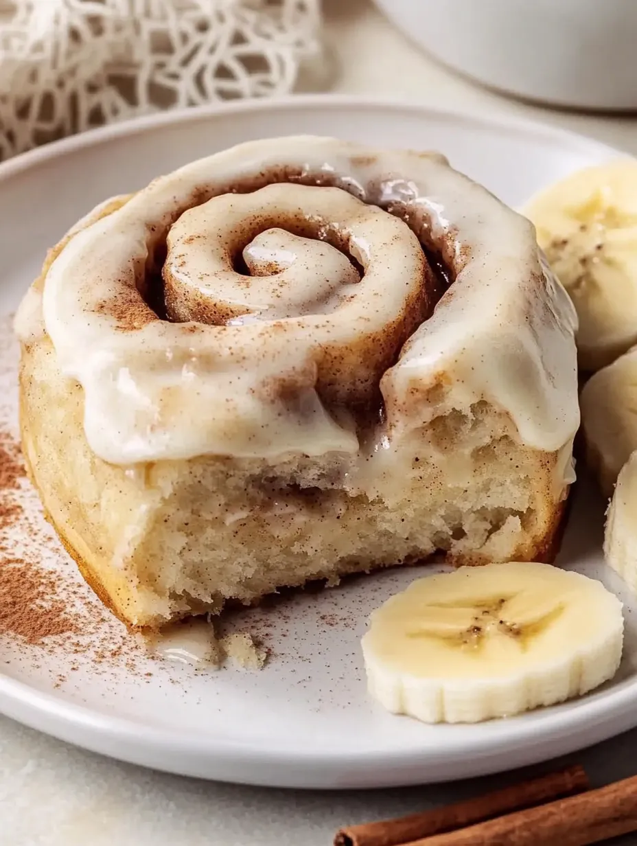 Une assiette avec une banane et un roulé moelleux.