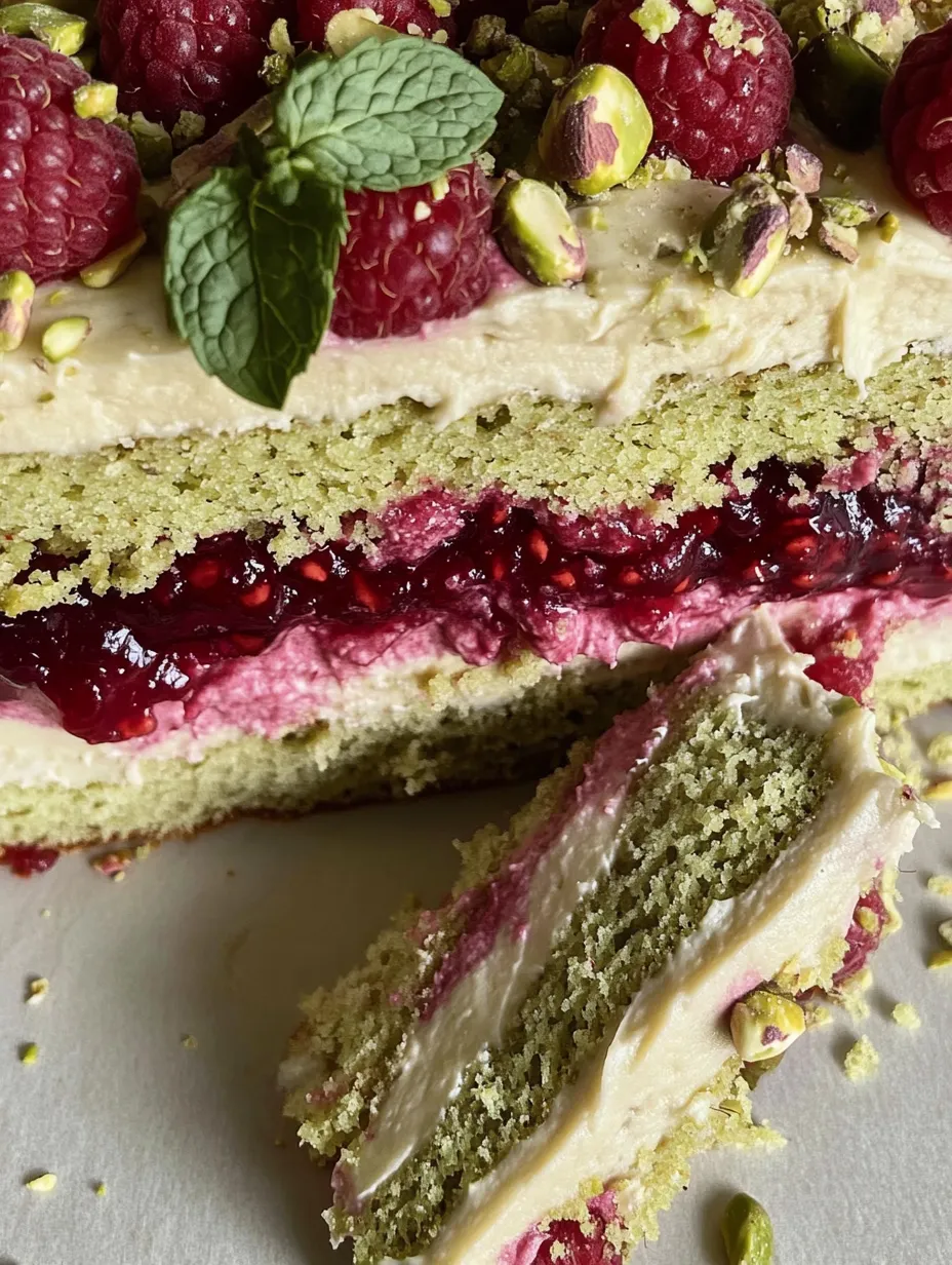 Une part de gâteau aux framboises et menthe.