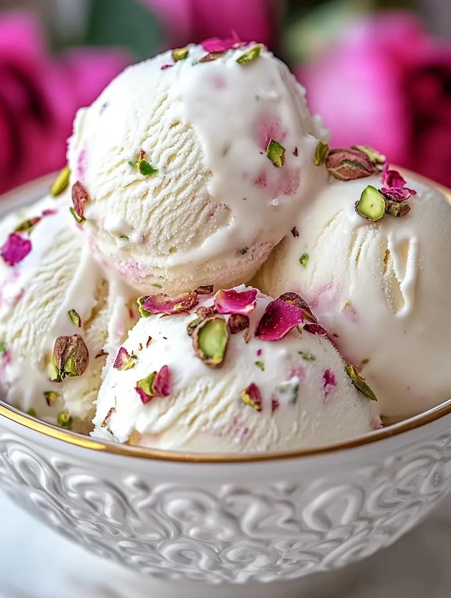 Un bol de glace décoré de pistaches et touches roses.