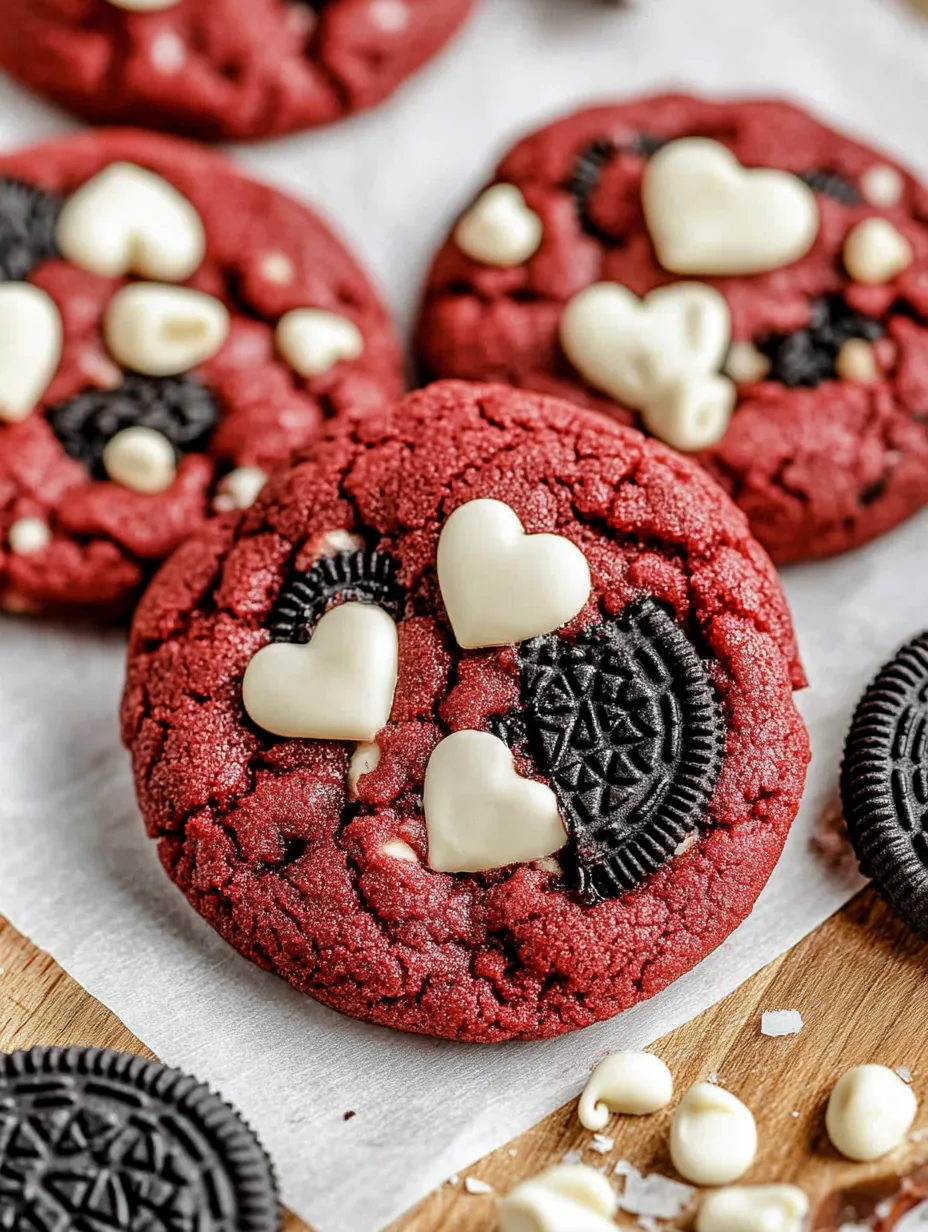 Un cookie rouge avec des petits cœurs blancs sur le dessus.