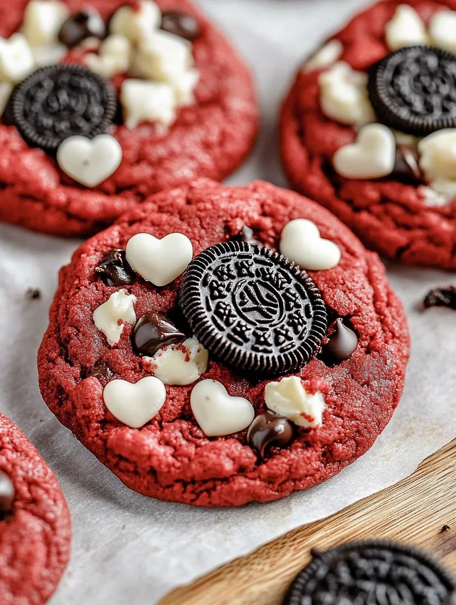 Un cookie rouge avec des petits cœurs blancs et un Oreo.