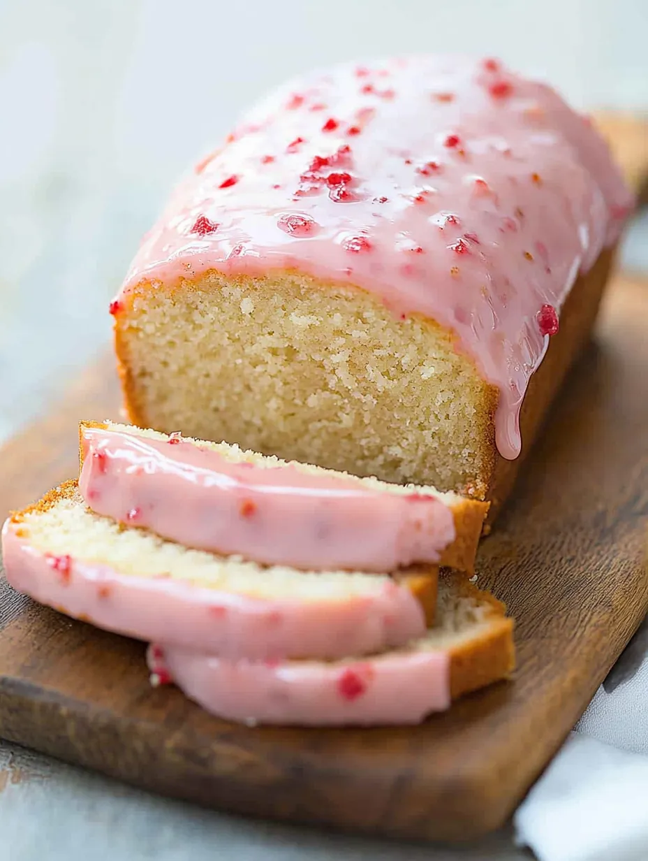 Part de gâteau rose avec nappage blanc.