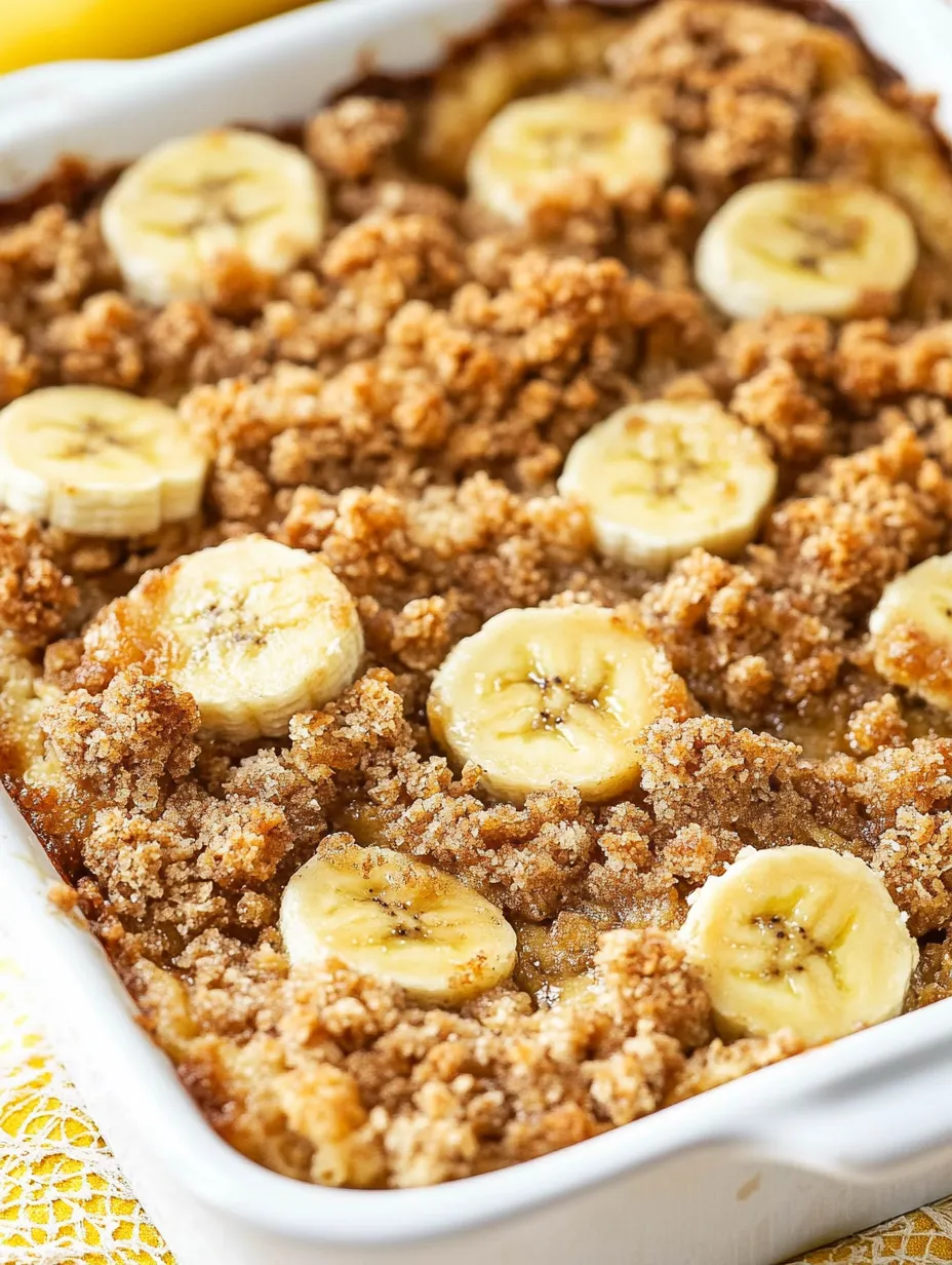 Plat aux bananes et cannelle, recouvert de miettes.