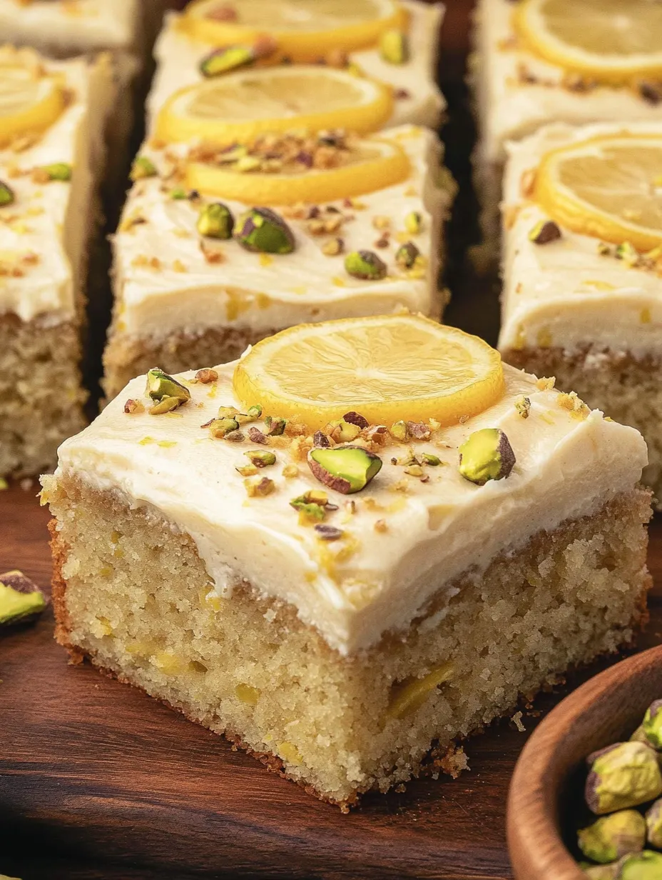 Une part de gâteau citron avec des amandes et citron par dessus.