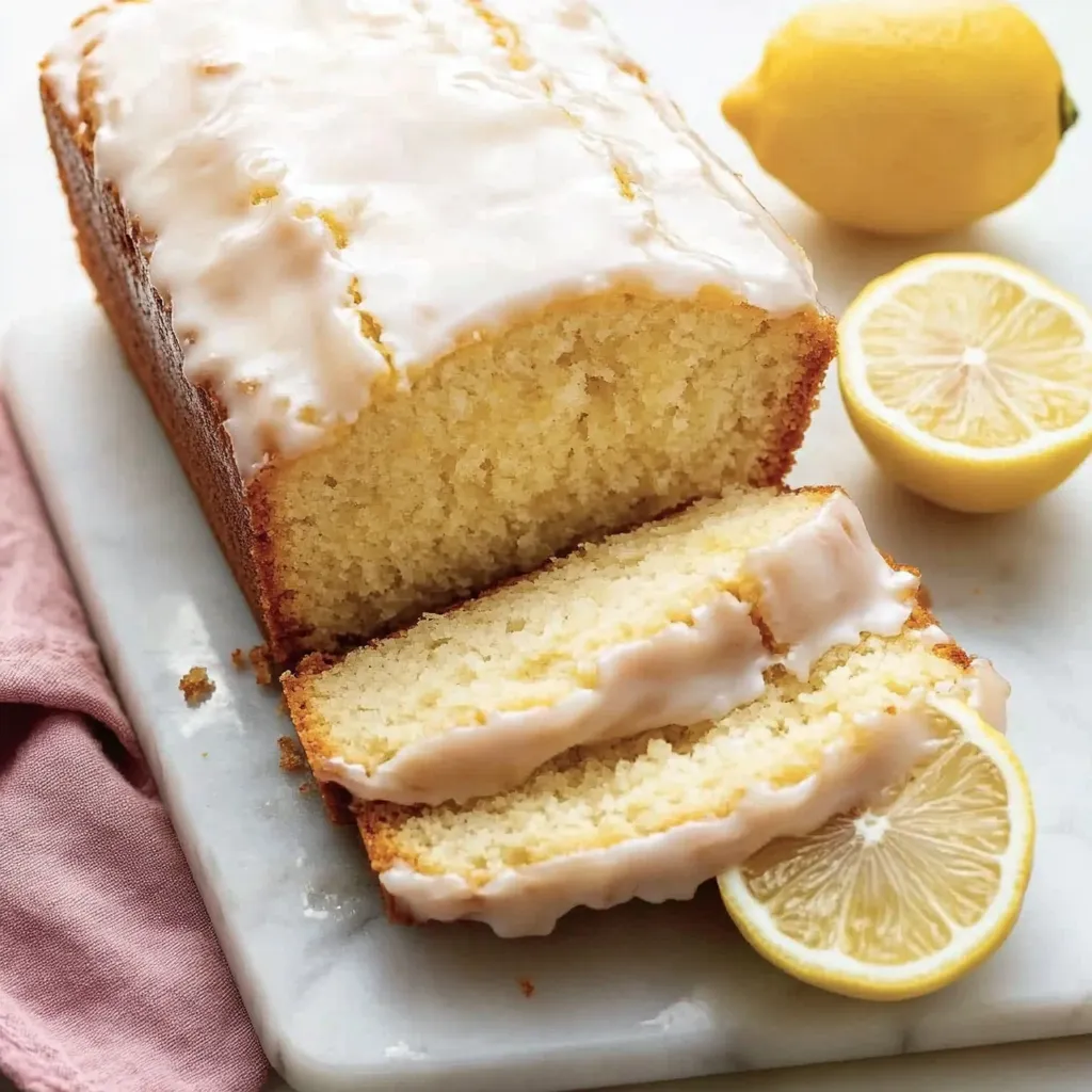 Une part de cake citron sur une assiette.