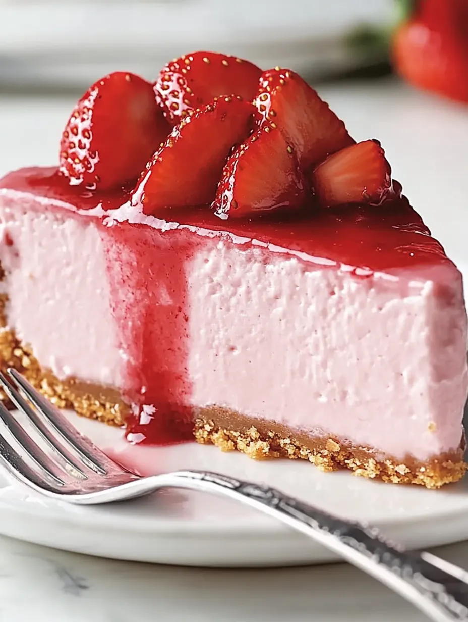 Une part de gâteau rose avec des fraises dessus.
