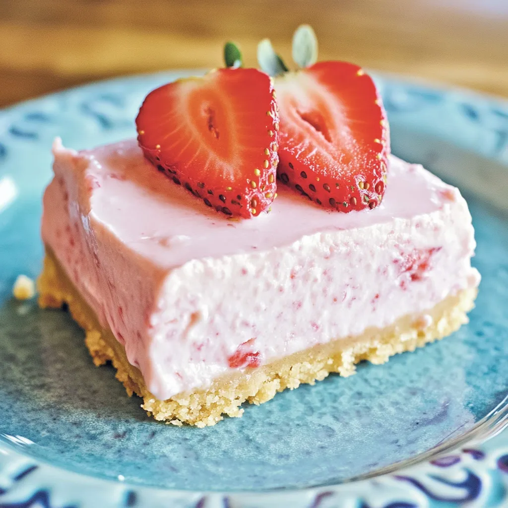 Une part de gâteau rose surmontée de fraises fraîches.