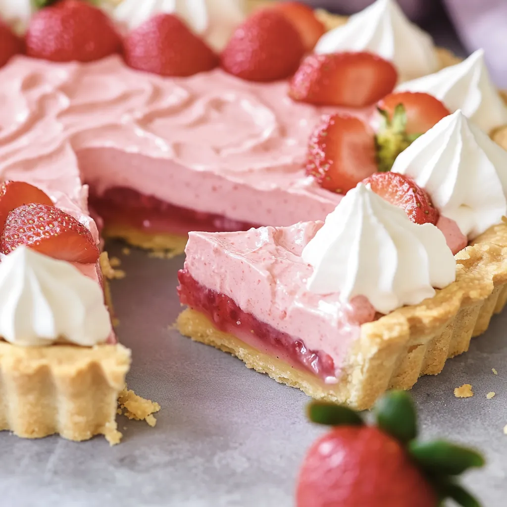 Une part de gâteau rose couverte de fraises entières.