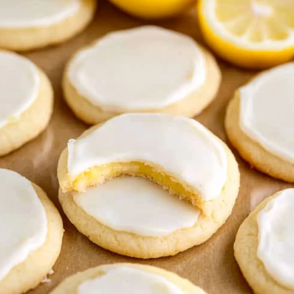 Pile de biscuits blancs avec un quartier de citron par-dessus.
