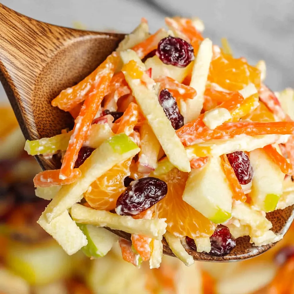 Une cuillère en bois pleine de salade de fruits colorée.