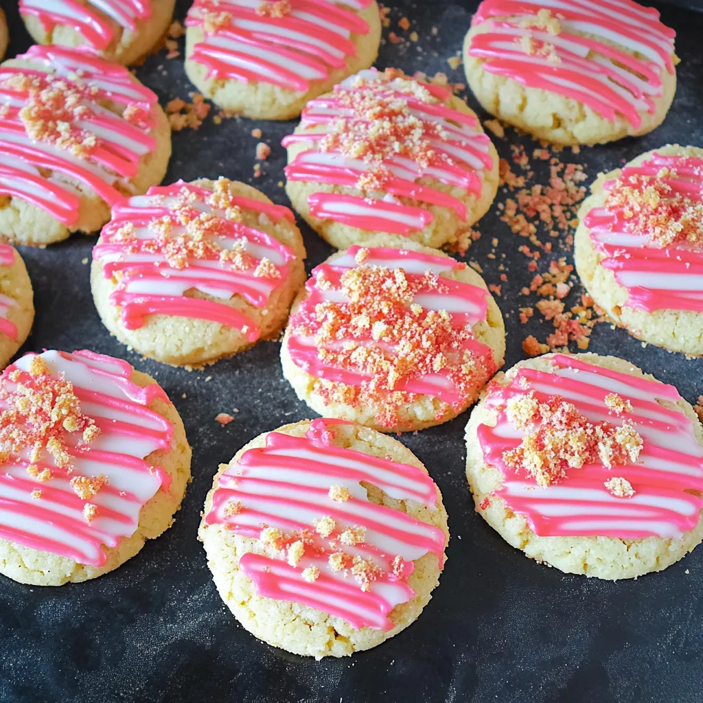 Des biscuits nappés de glaçage rose et blanc sur une assiette.