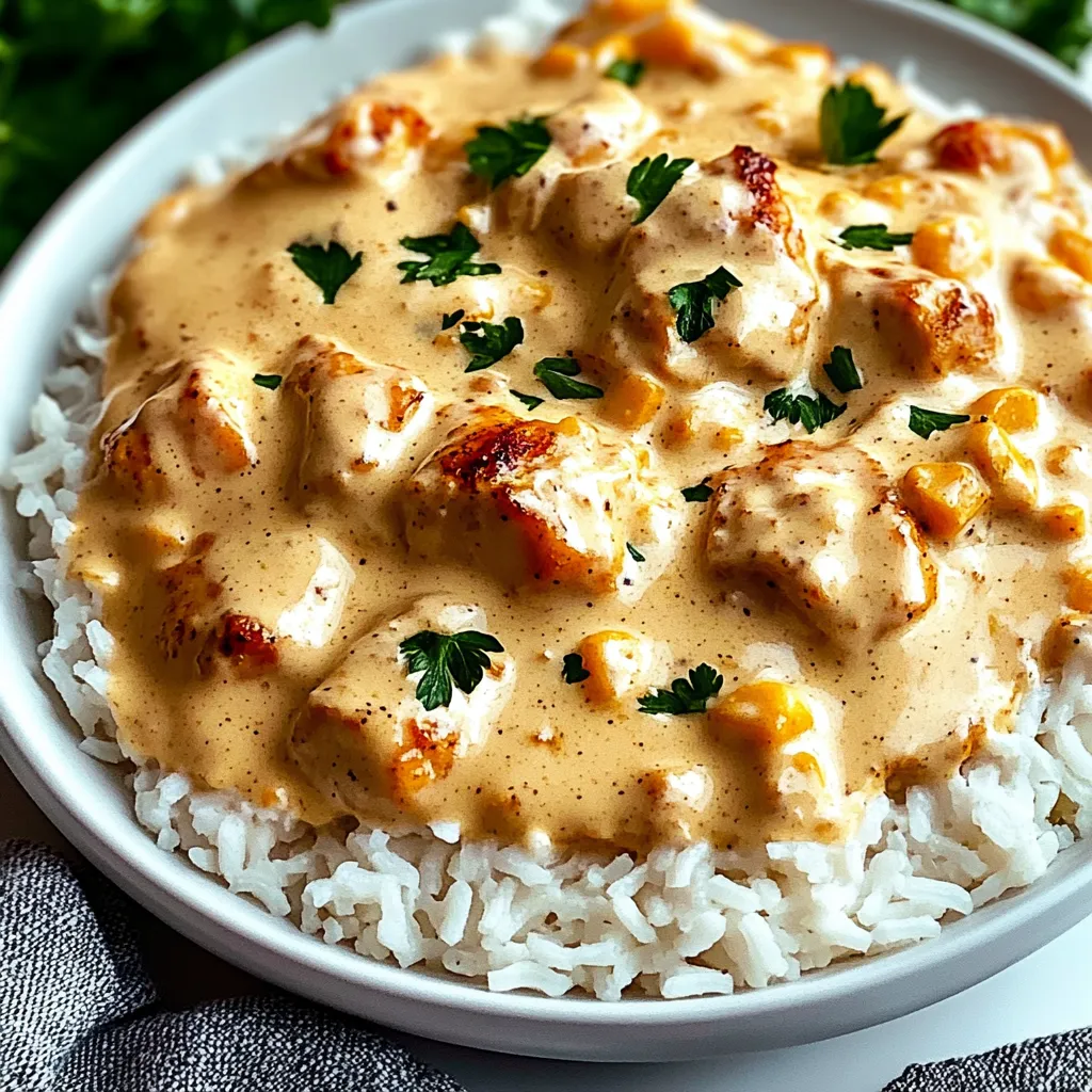 Bol rempli de riz avec du poulet nappé d'une sauce crémeuse.
