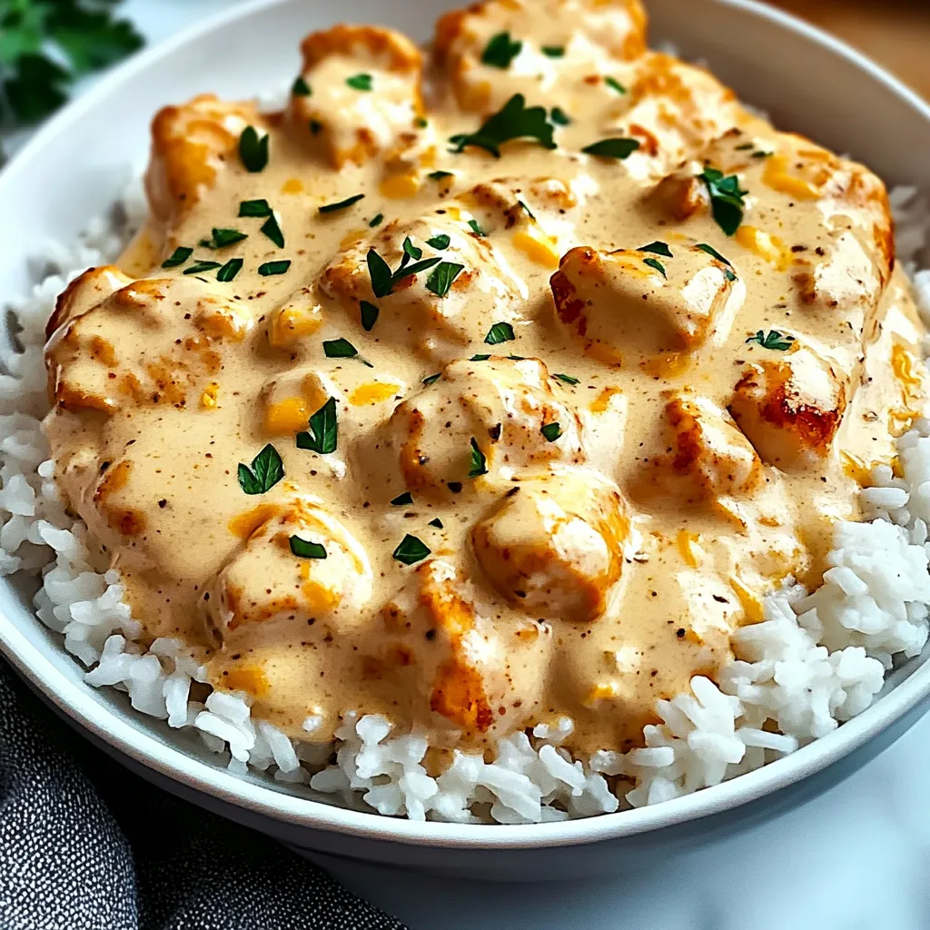 Un bol de riz avec du poulet nappé de sauce.
