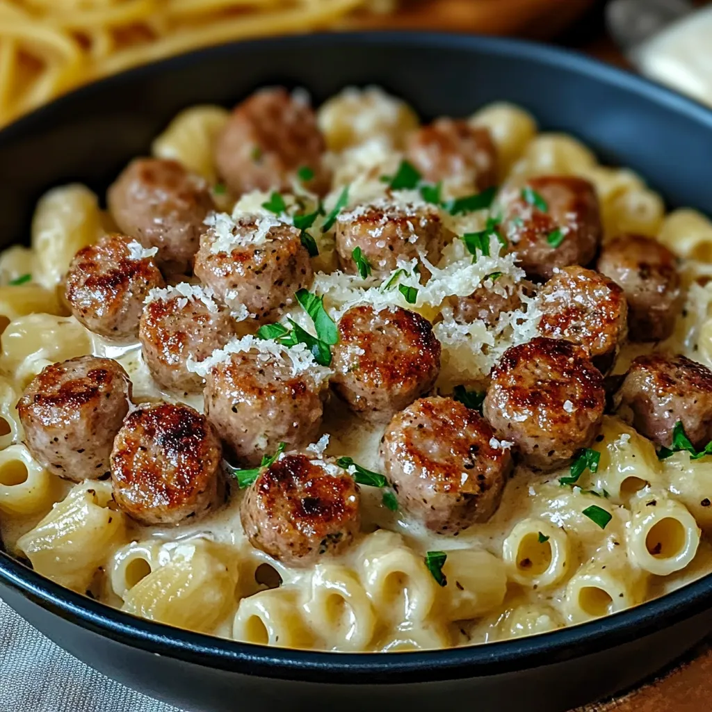 Un bol de pâtes avec boulettes et fromage.