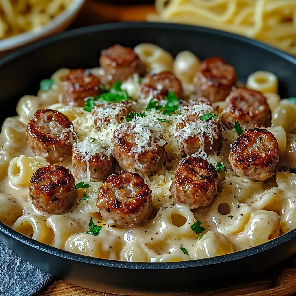 Une belle assiette de pâtes avec saucisse et nouilles.