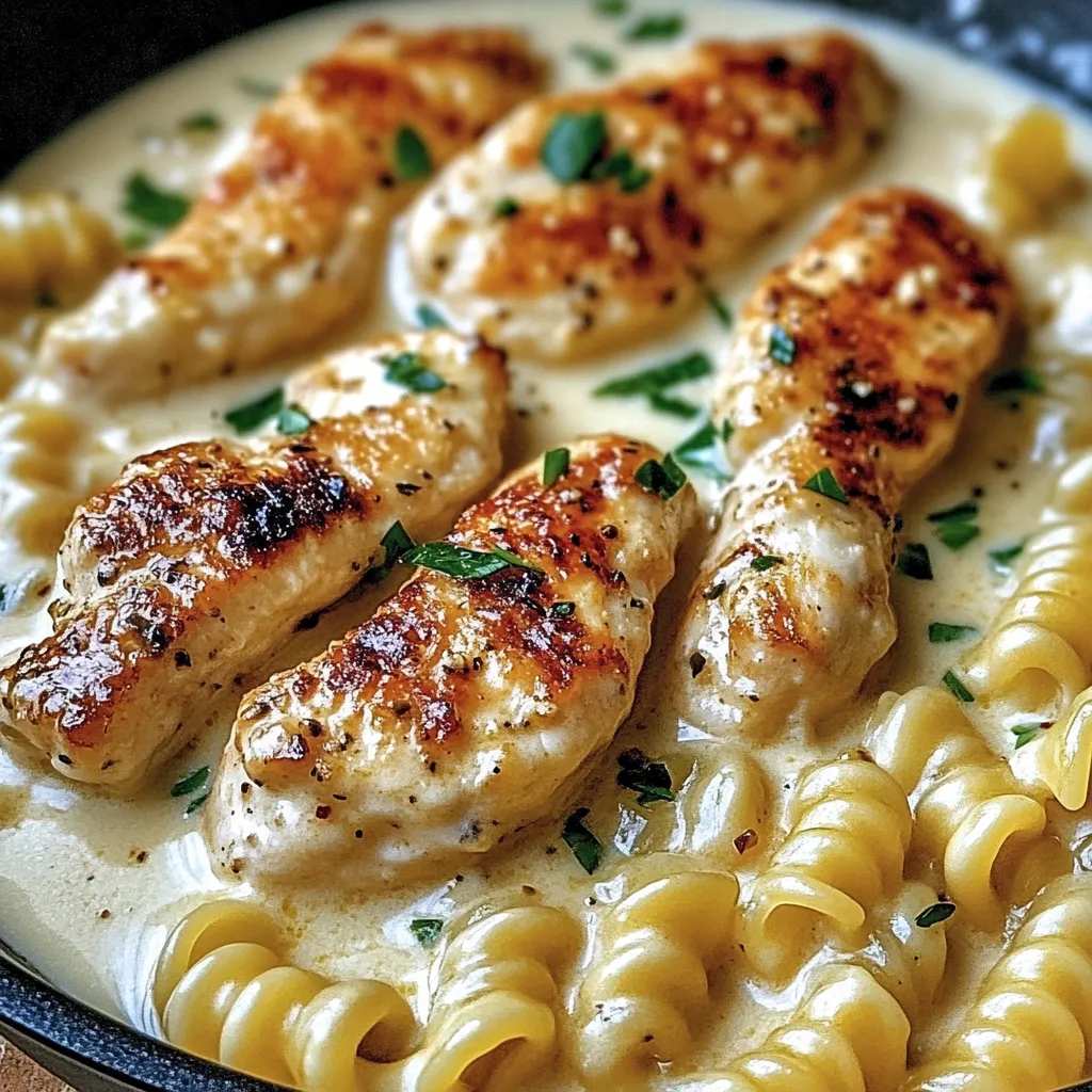 Un bol de pâtes avec du poulet et des herbes.