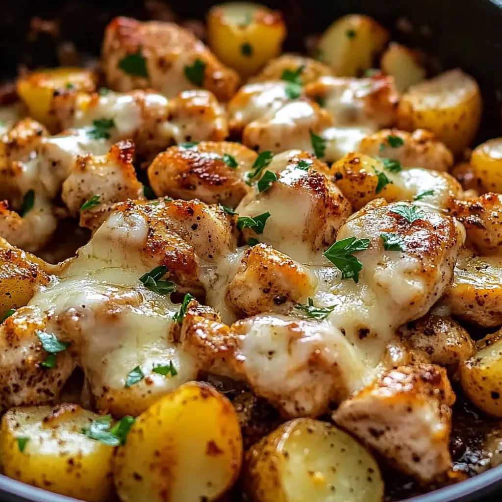 Une assiette de poulet et pommes de terre.