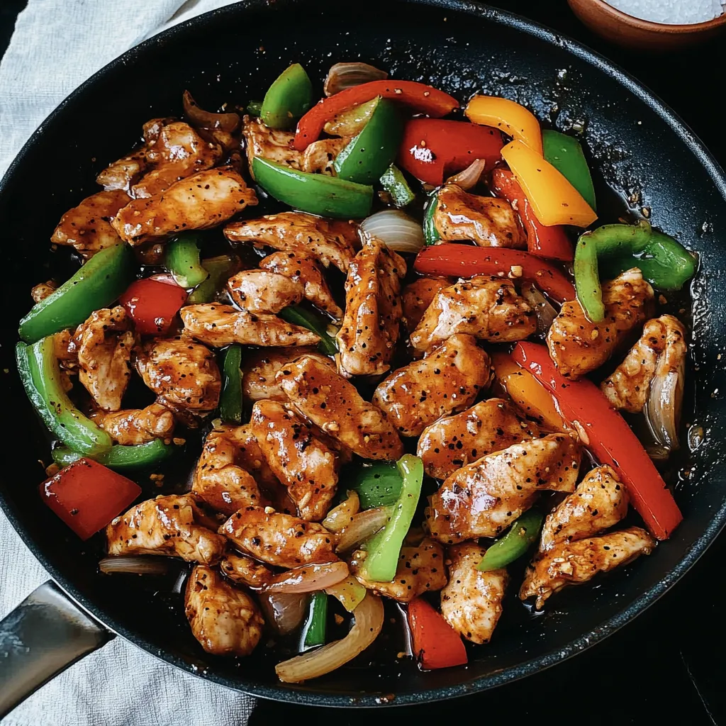 Une poêle de poulet sauté avec poivrons et oignons.