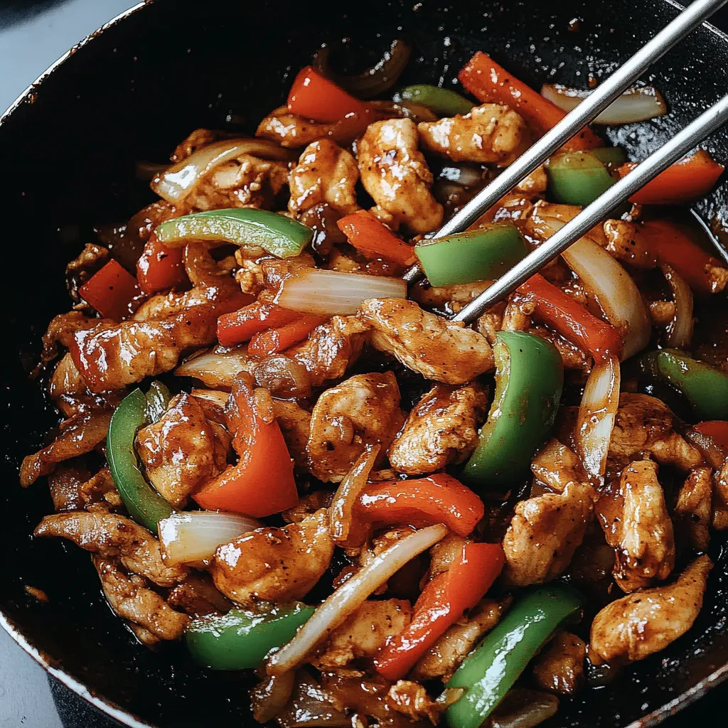Un bol de nourriture avec du poulet et des poivrons.