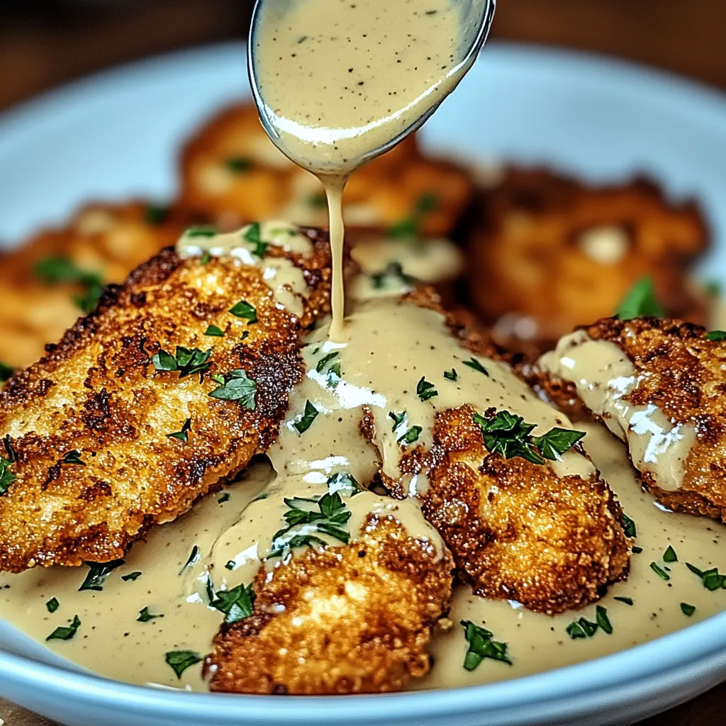 Une assiette de poulet frit avec une cuillerée de sauce par-dessus.