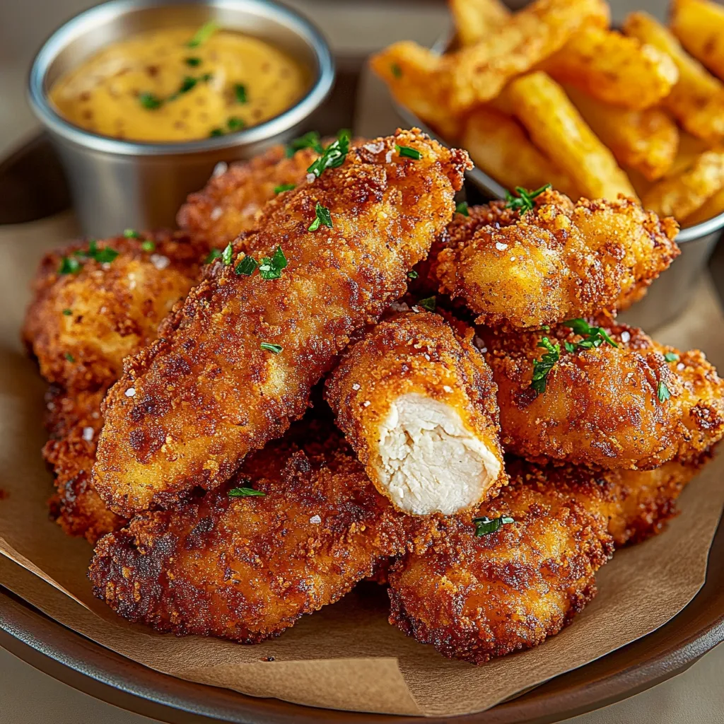 Une assiette de poulet frit et frites.