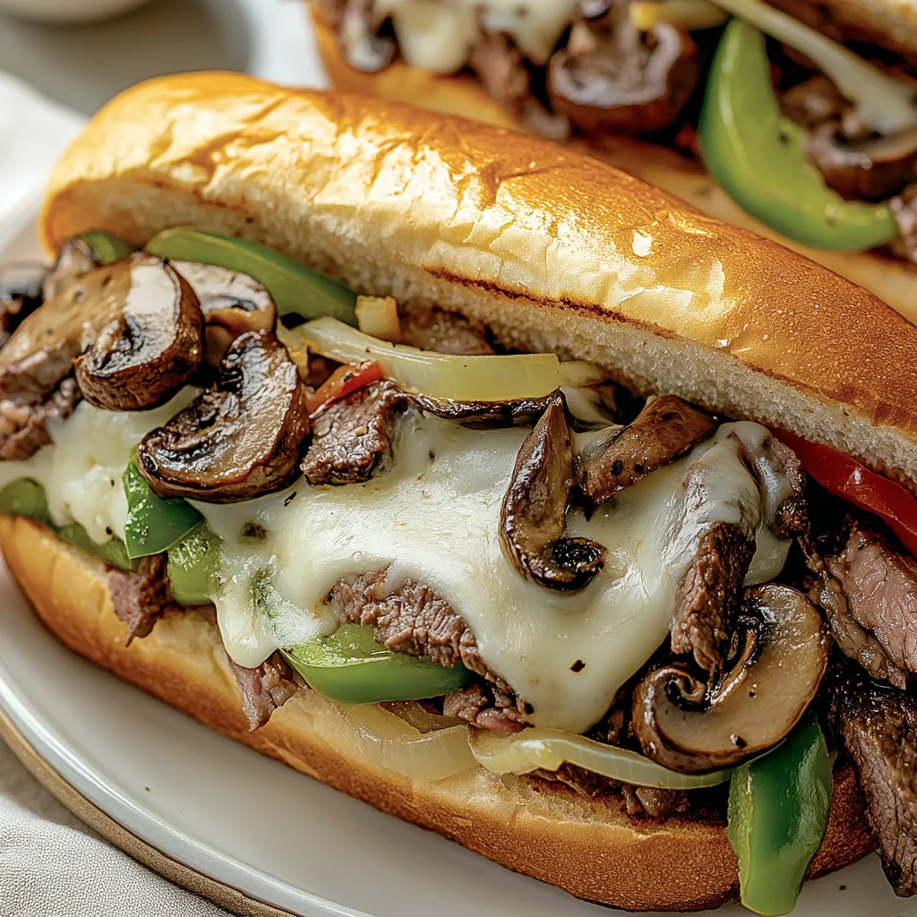 Un sandwich avec viande, champignons et poivrons.
