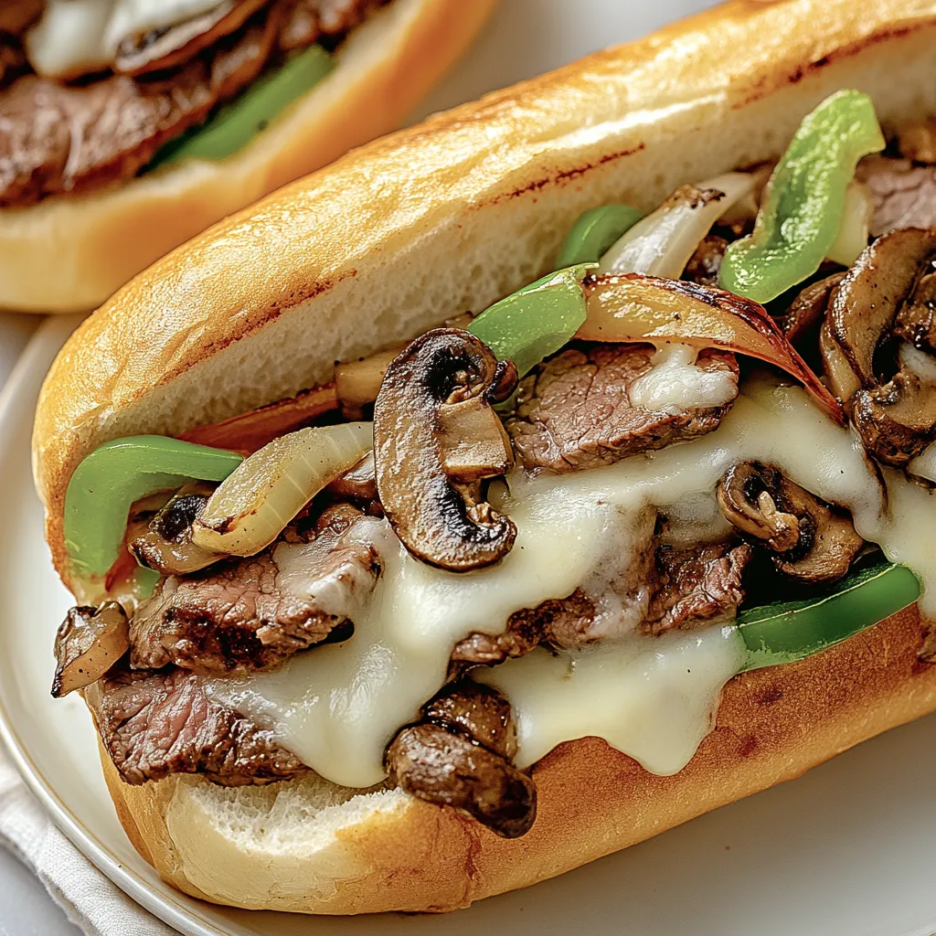 Un sandwich avec de la viande et des champignons dans un petit pain.
