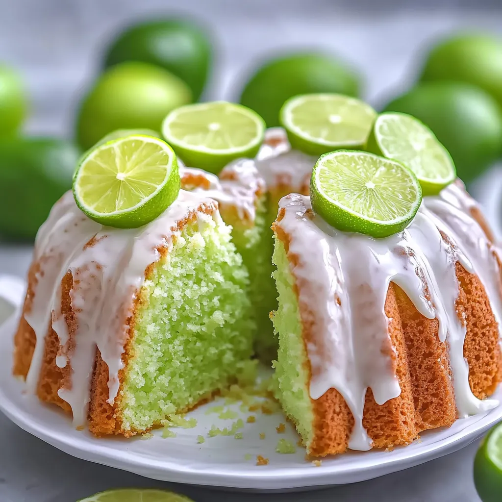 Une tranche de gâteau avec des citrons verts dessus.