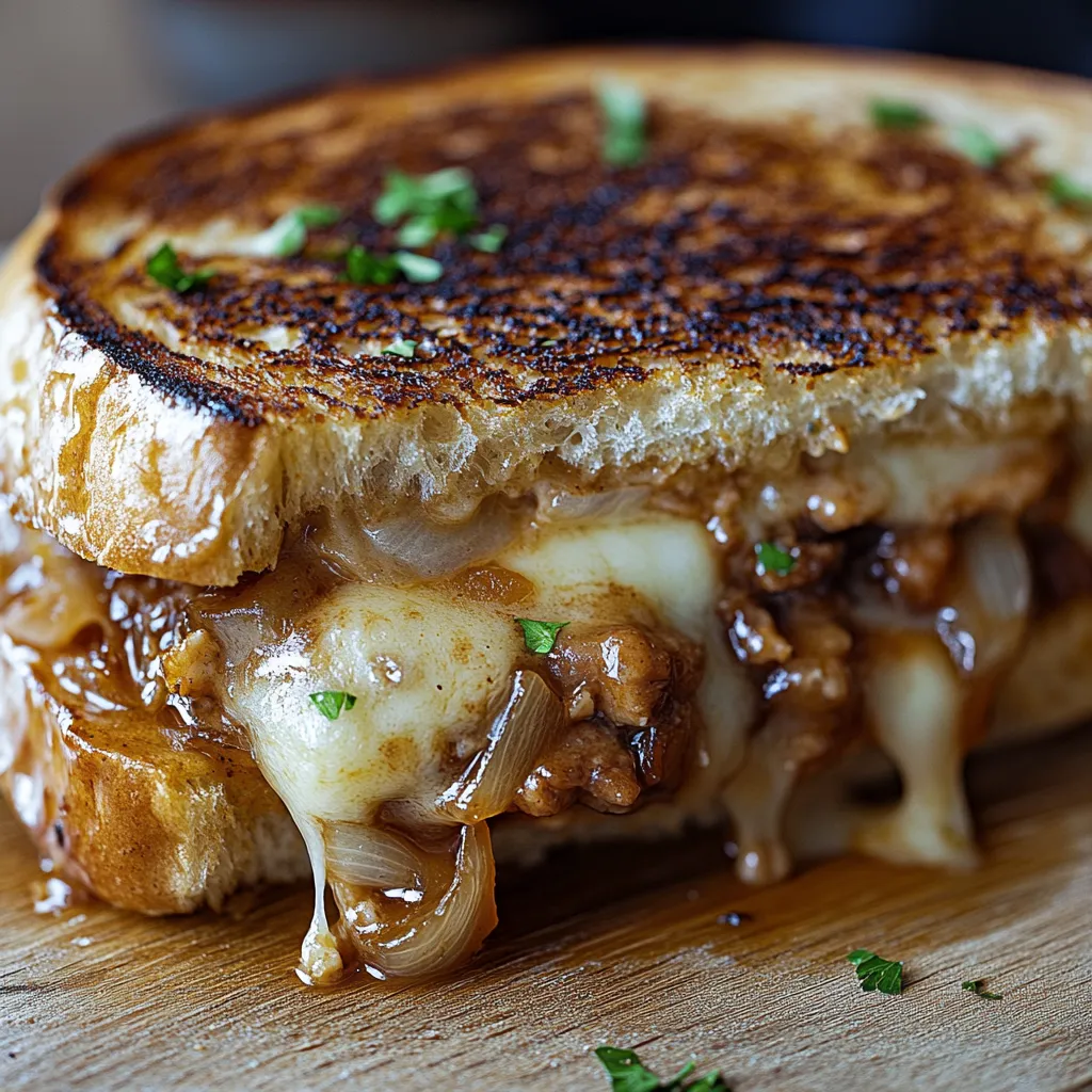 Un sandwich avec du fromage et des oignons.