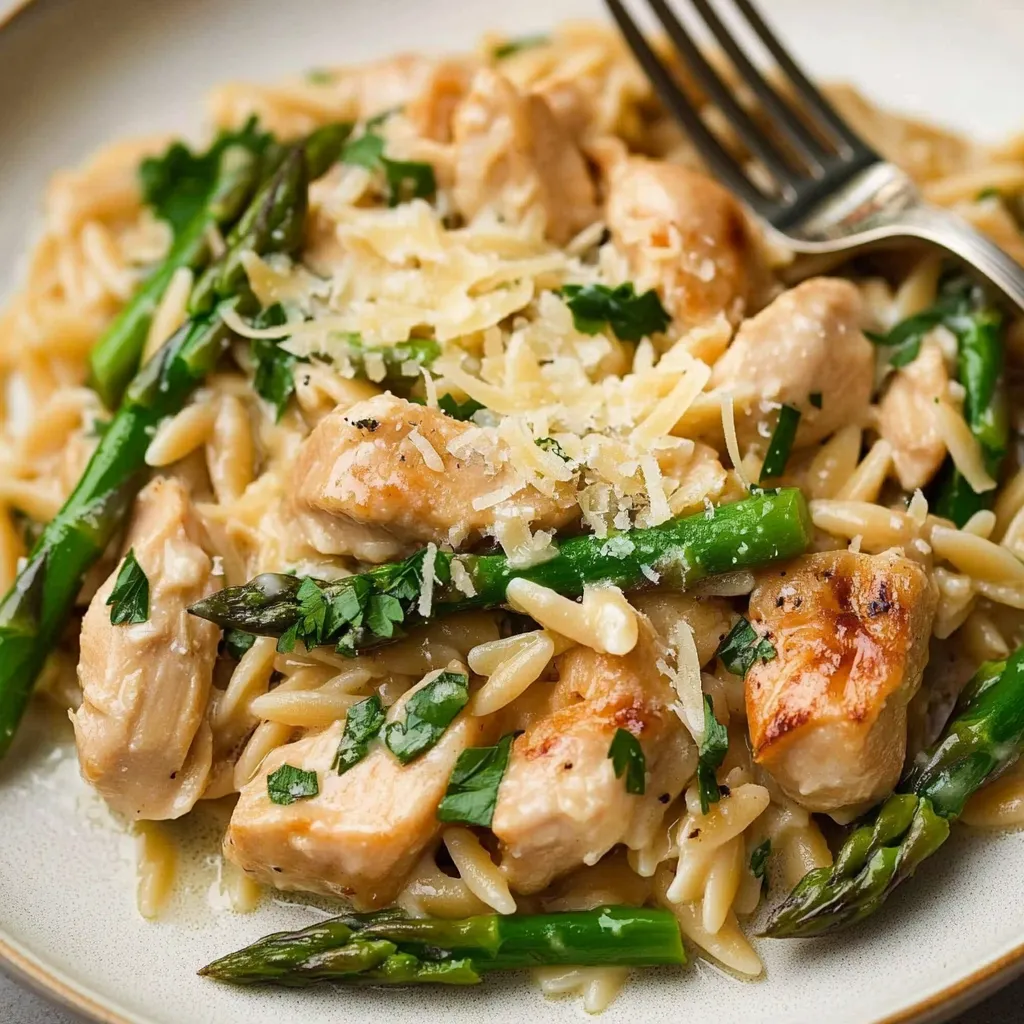 Une assiette de nourriture avec du poulet et des asperges.