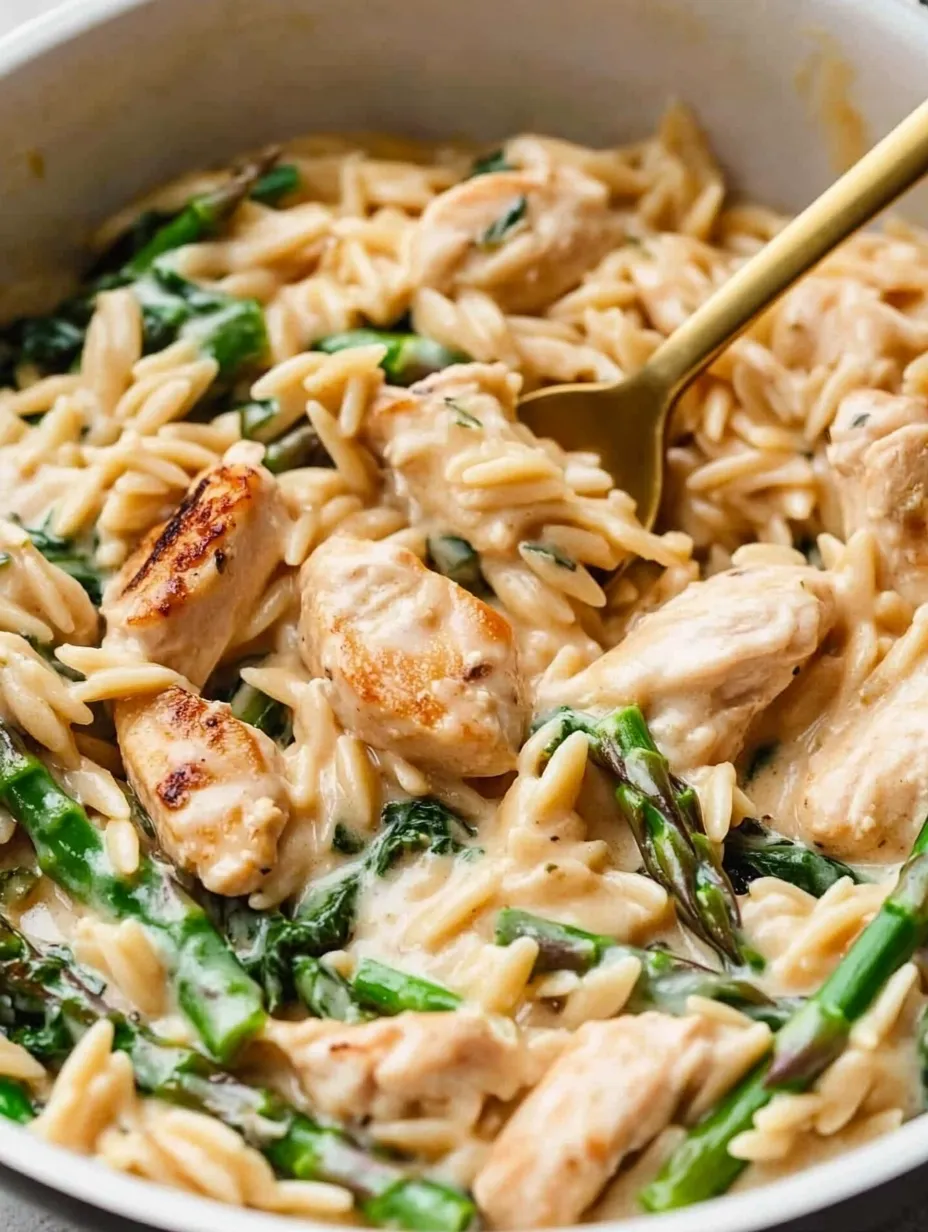 Un bol d'orzo au poulet avec une cuillère dedans.