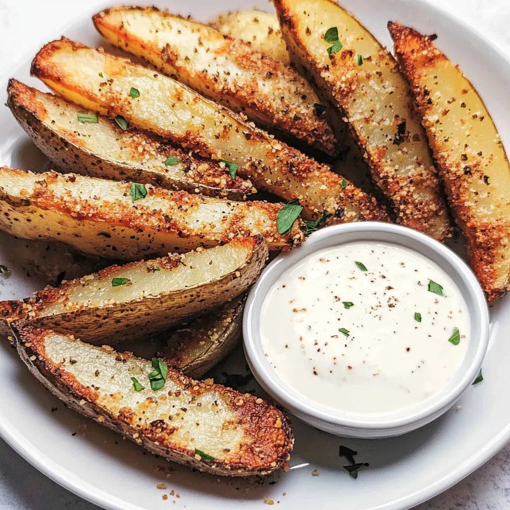 Une assiette de quartiers de pommes de terre avec une sauce pour tremper.