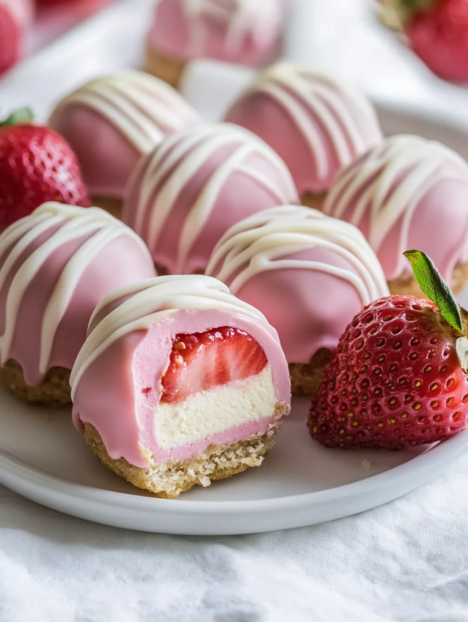 Une assiette de desserts roses et blancs avec des fraises.