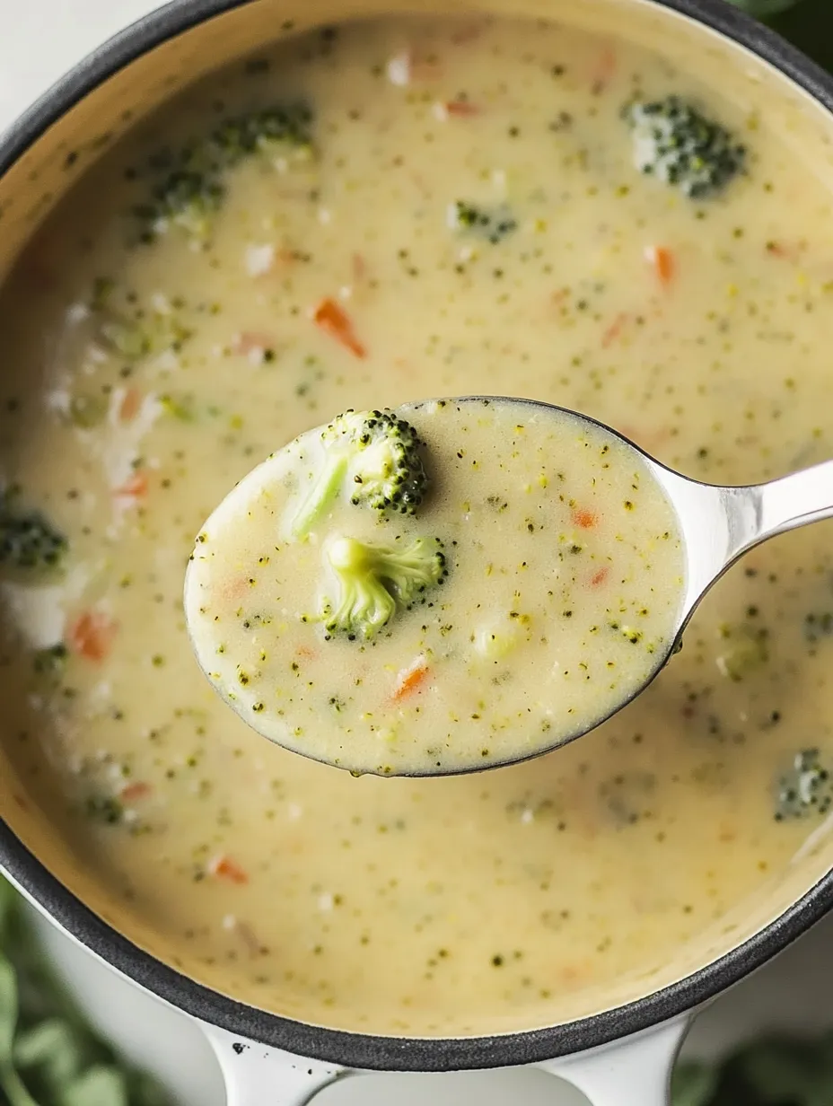 Une cuillère pleine de soupe avec du brocoli dedans.