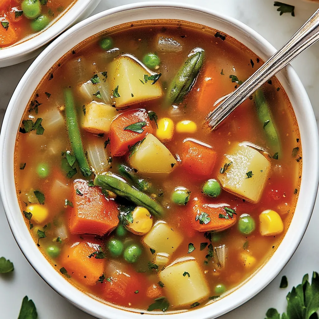 Un bol de soupe avec petits pois, carottes et maïs.