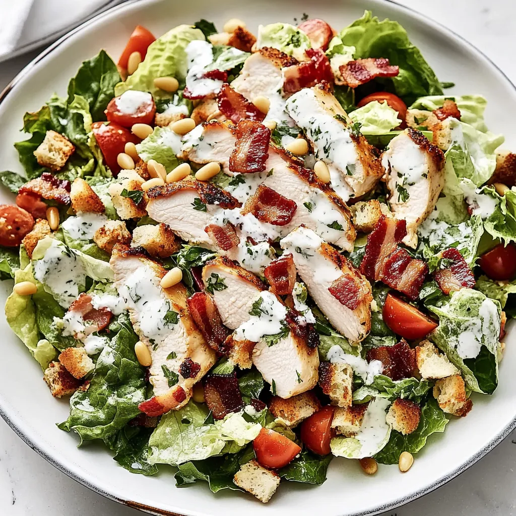 Une salade avec du poulet, des tomates, de la laitue et du bacon.
