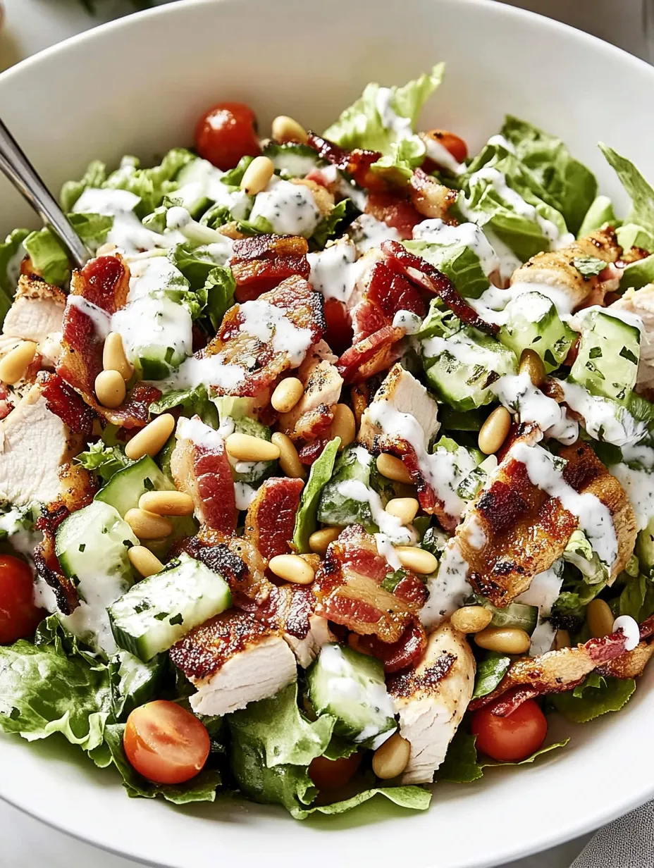 Une salade avec poulet, bacon, tomates et laitue.